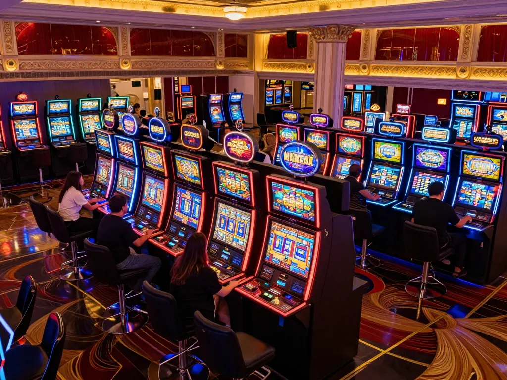 Players engaging with vibrant slot machines, showcasing TT88 gaming excitement in a lively casino