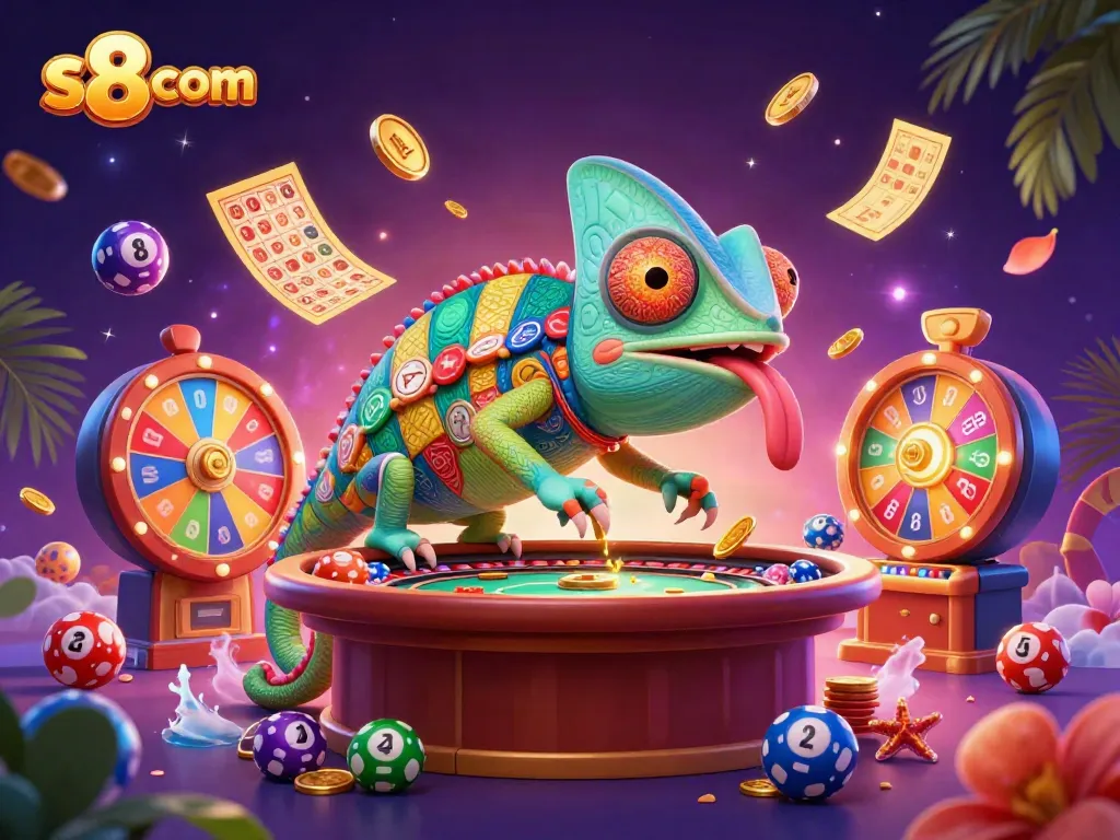 Experience the excitement at s8 com with vibrant casino elements and a dynamic chameleon character.