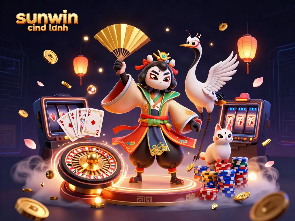 Experience the thrill of sunwin chính hãng with vibrant 3D illustration of kabuki warrior and casino elements.