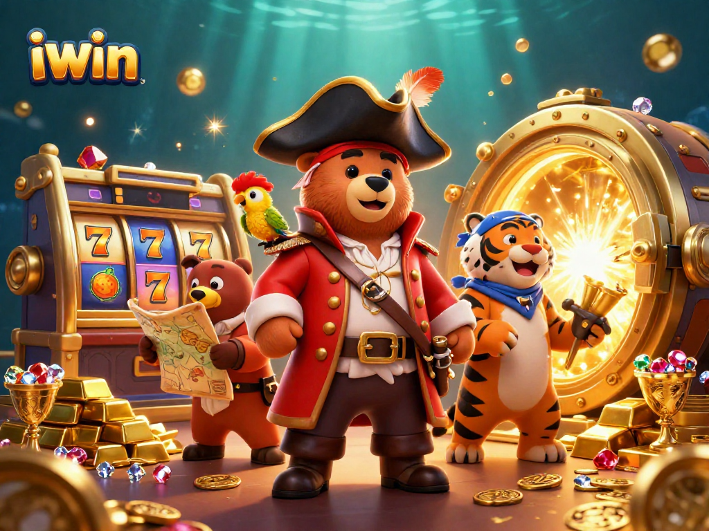 Engage with the iwin casino world featuring an exciting pirate-themed illustration showcasing vibrant slots and treasures.