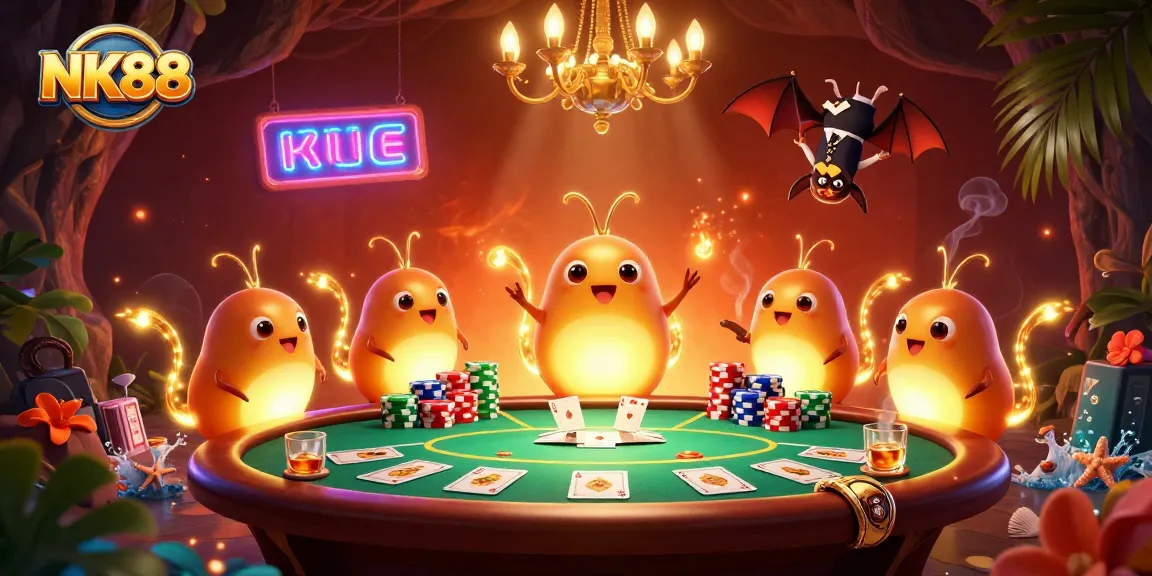 Engage in immersive gaming at NK88, illuminated by glowworms in a vibrant casino setting.