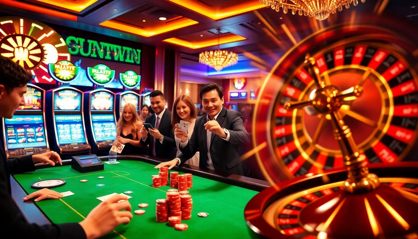 Players enjoy thrilling games at sunwin casino with vibrant tables and spinning slots.