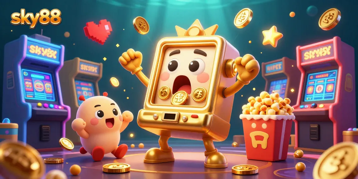 Experience the thrill of sky88 with a golden jackpot slot machine in a vibrant arcade casino scene.