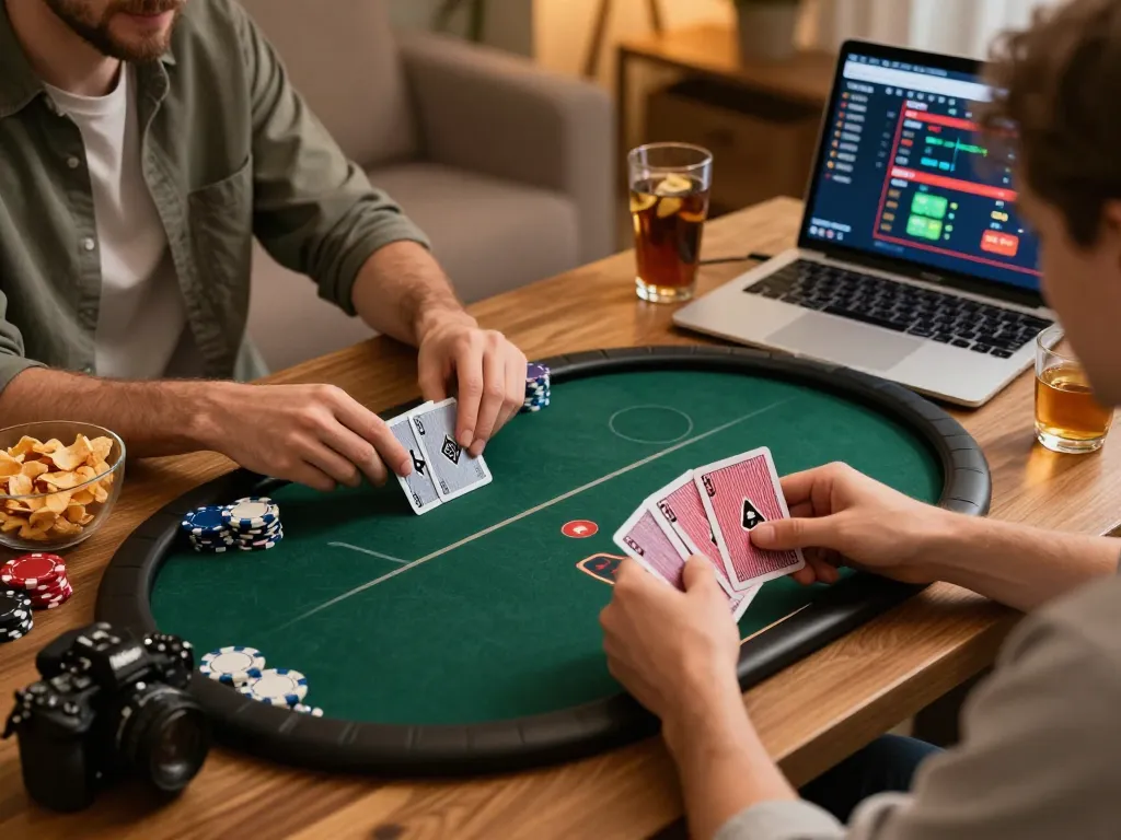 Engage in poker gameplay at home with 888now com, featuring cards, chips, and warm setting.