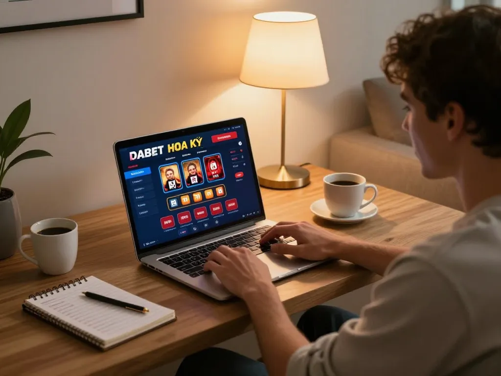 DABET HOA KỲ player engaging in online casino with laptop at home.