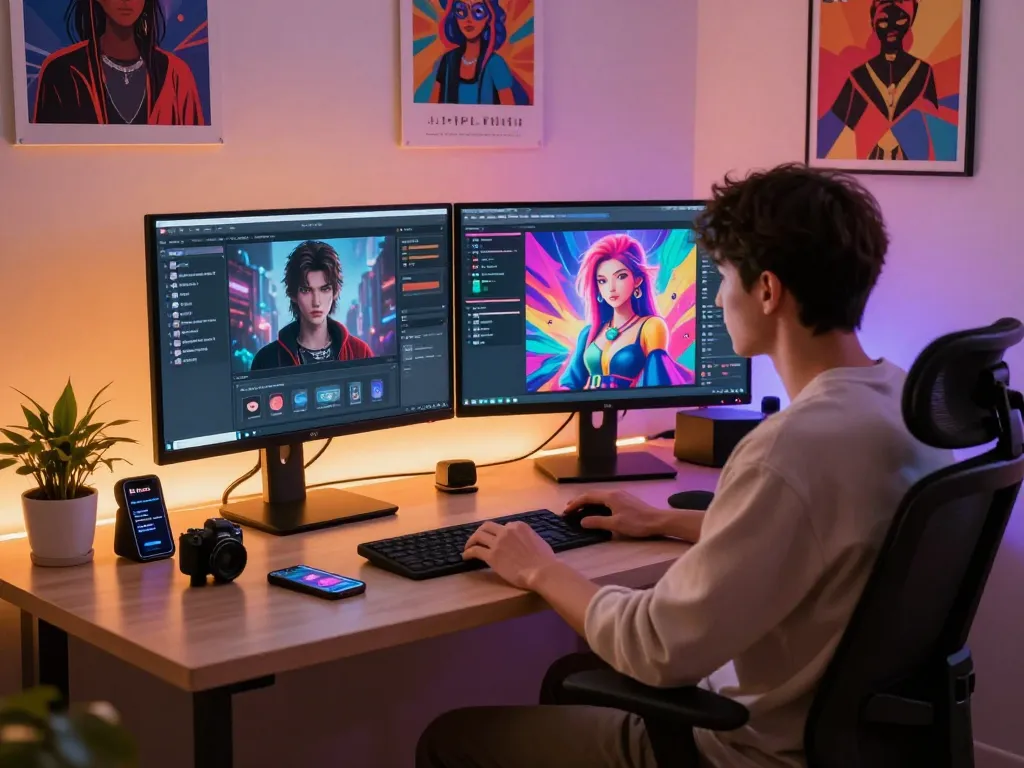 Engaging digital interaction with AI nsfw character in a modern workspace, showcasing vibrant artwork and user interface.
