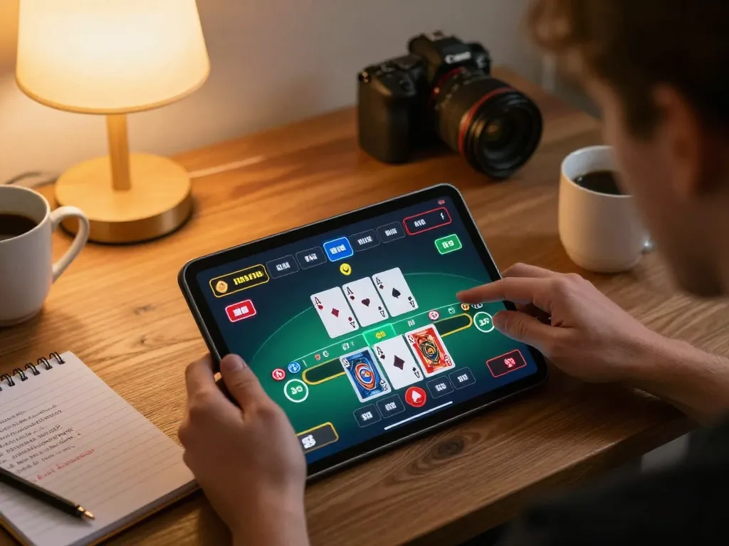 Exciting gameplay at nhà cái mm88 with a player engaged in blackjack on a tablet in a cozy living room