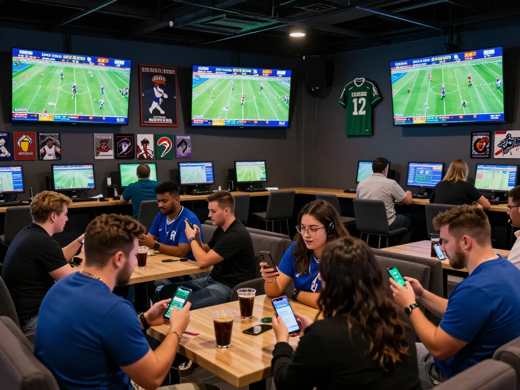 Engaging sports fans using betting apps for soccer predictions in a lively lounge setting