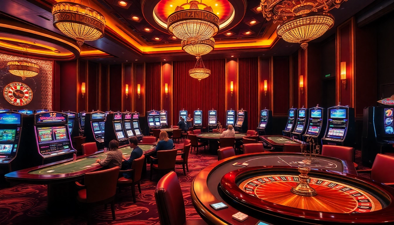 Experience the excitement of gaming at ffgg88.com, showcasing a luxurious casino atmosphere with players at tables and slots.