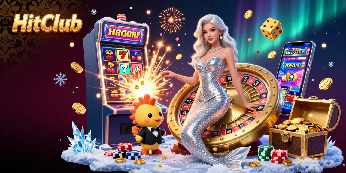 Experience the excitement of HitClub with vibrant casino-themed characters and elements in a dazzling illustration.