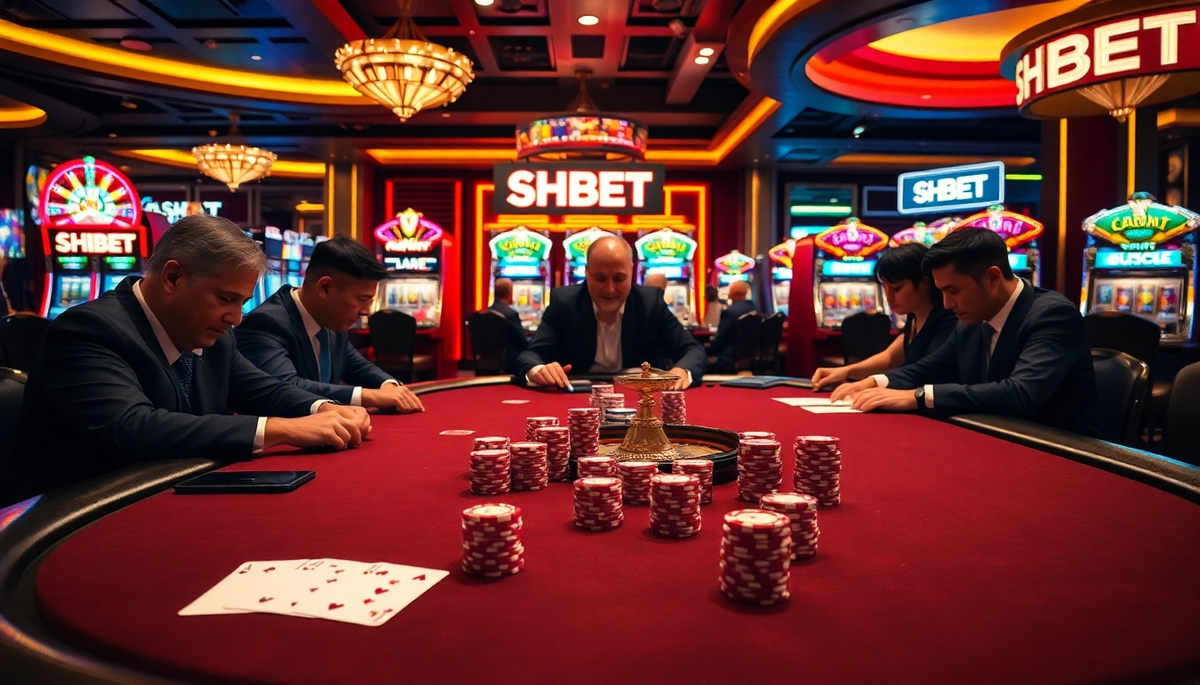 Intense poker game at SHBET casino with vibrant colors and exciting atmosphere.