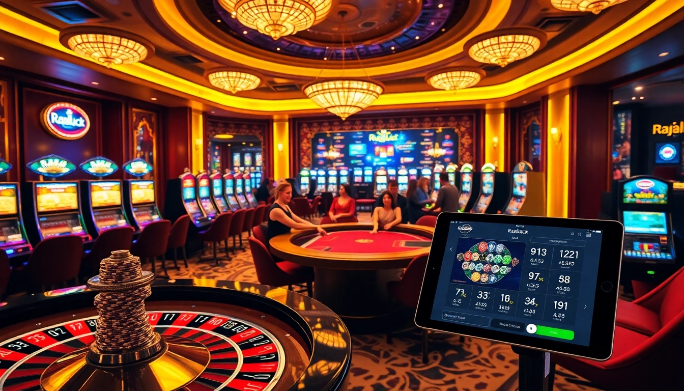 Rajaluck online gambling scene with players enjoying slot machines, poker tables, and a vibrant atmosphere.