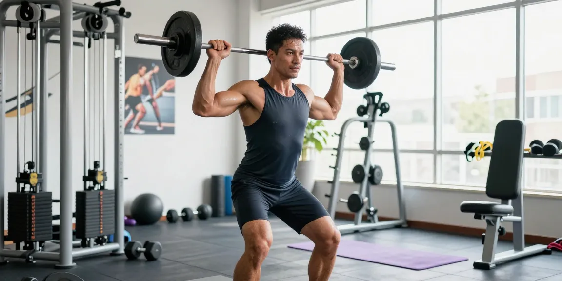 Bodybuilder performing weights workout with Prime Pharma Steroiden in bright fitness studio, showcasing strength and determination.