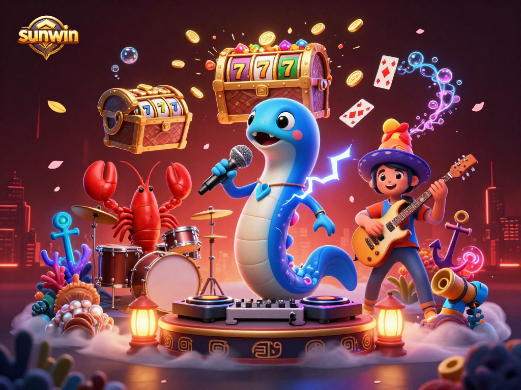 sunwin showcases a lively underwater casino scene with an electric eel DJ, lobster drummer, and seahorse guitarist.