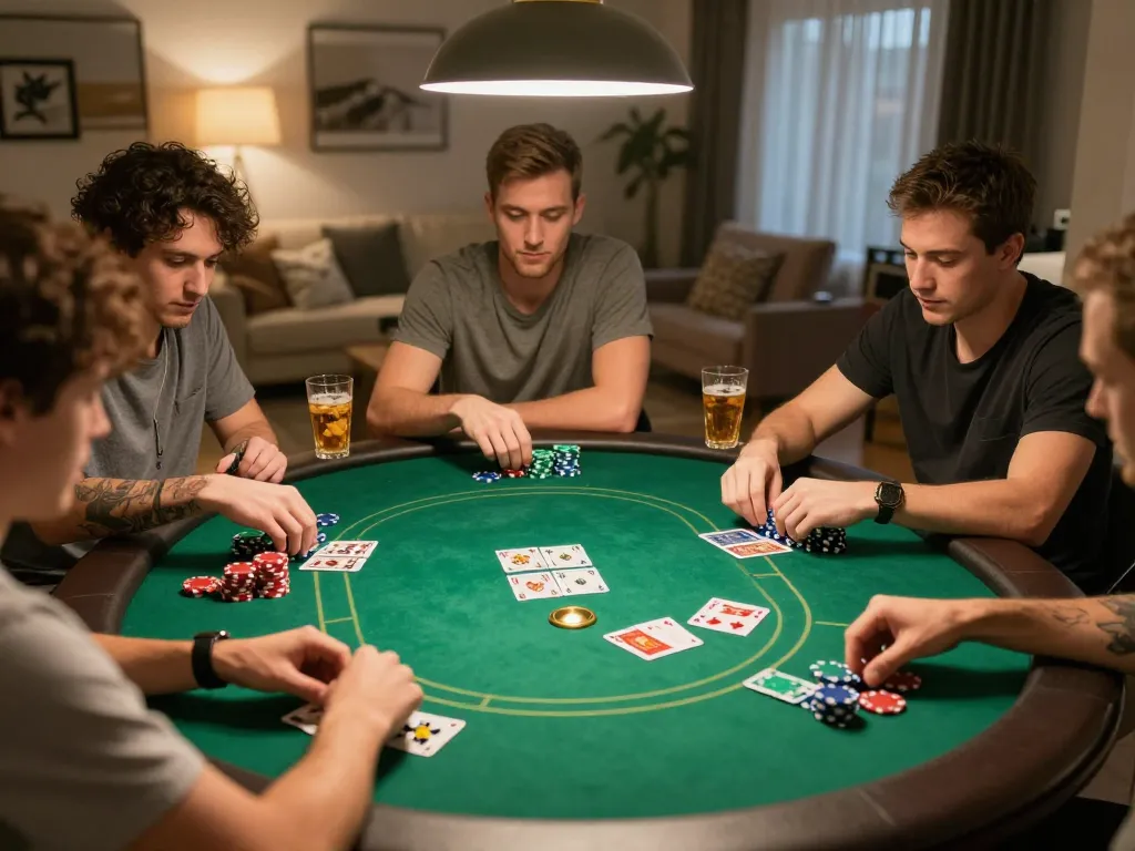 Experience thrilling poker gameplay at home like gamebai79, showcasing friends in an exciting card game surrounded by snacks and drinks.