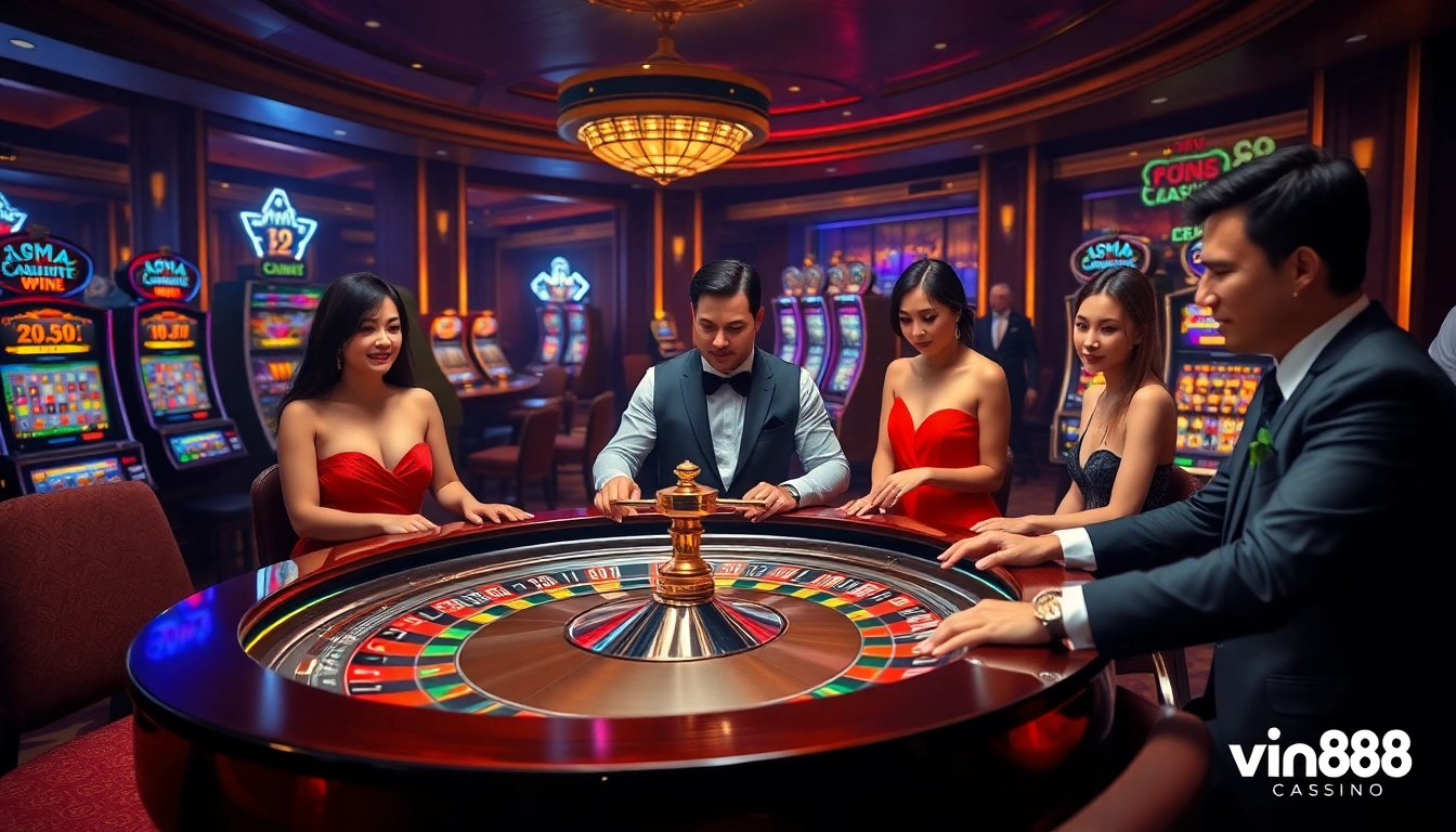 Experience excitement at the website vin88 with vibrant casino visuals showcasing roulette, poker, and luxury.