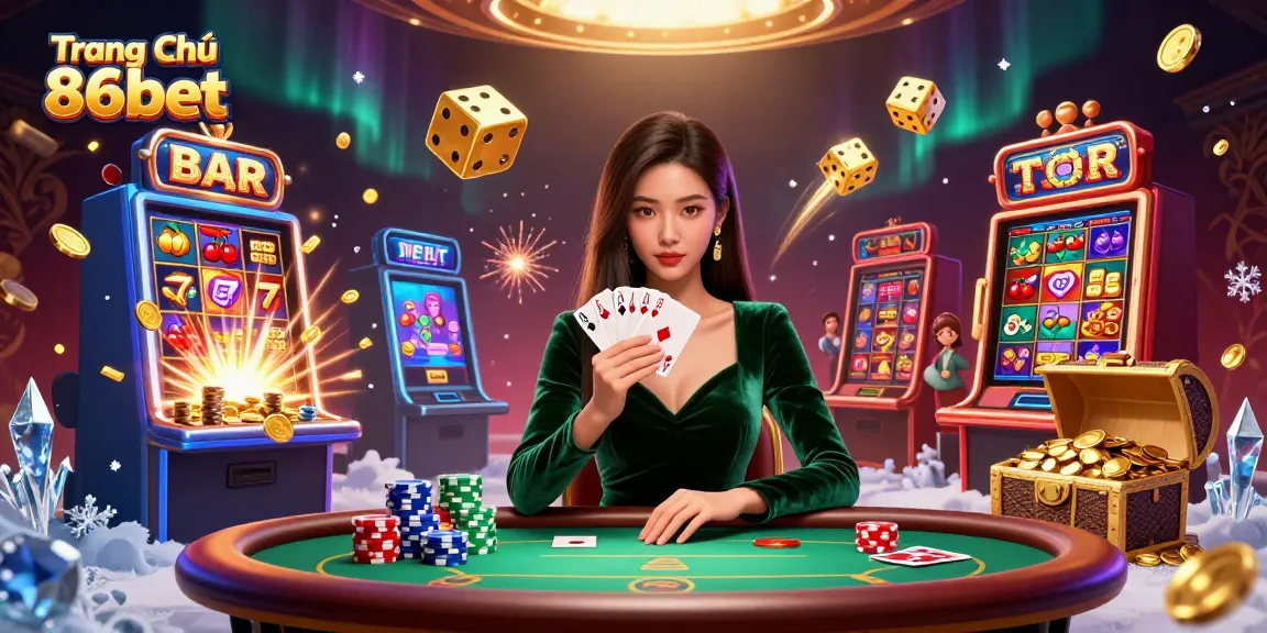 Experience thrilling gaming at Trang Chủ 86bet with a vibrant illustration of poker and jackpots.