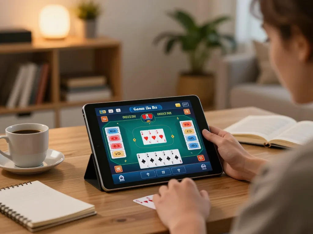 Player engaging in 68 Game Bài on a tablet, showcasing online poker strategy in a cozy home environment