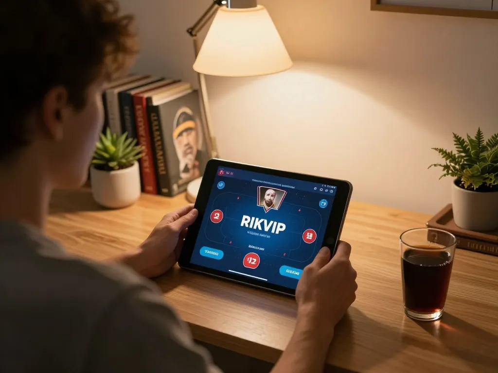Play RIKVIP poker online in a cozy home environment with a tablet and warm lighting