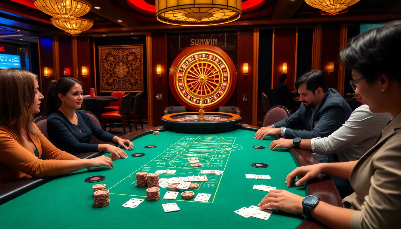 Sunwin gaming table showcasing poker action with excited players and vibrant chips.