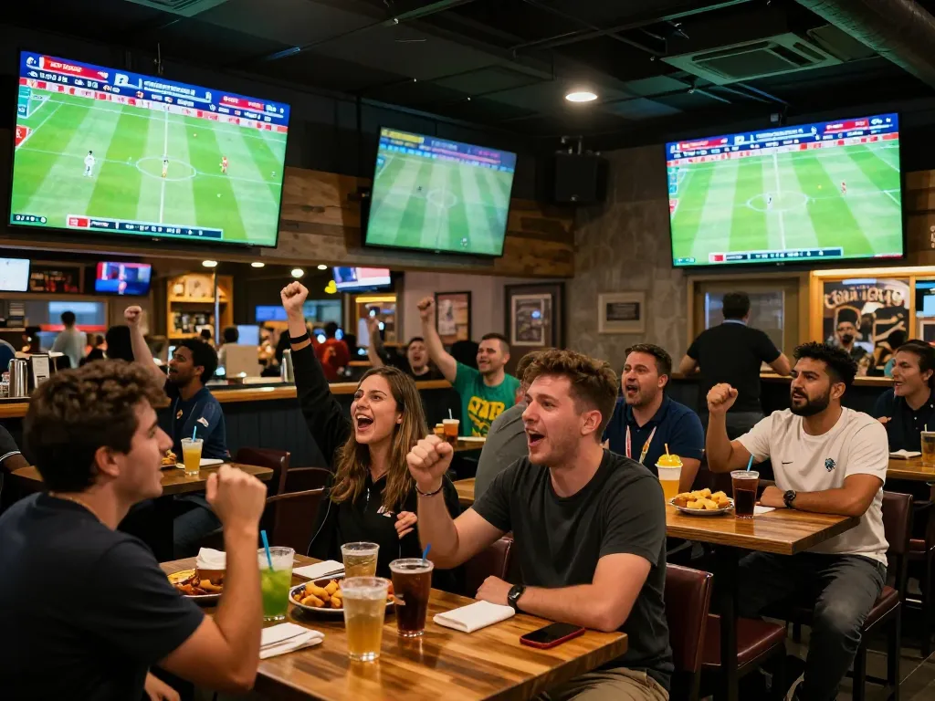 Fans cheering and betting on bola piala dunia 2026 in an energetic sports bar setting.