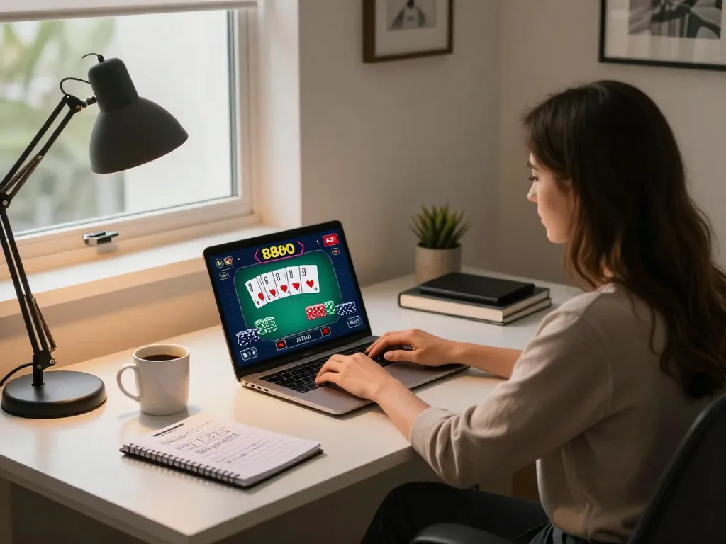 Player engaged in 88bet online gaming from home office with poker interface visible