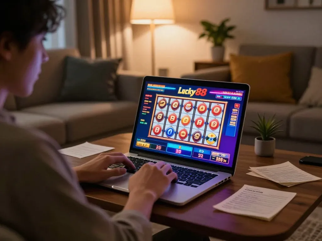 Person playing Lucky88 casino slots on laptop at home, showcasing cozy gaming atmosphere.