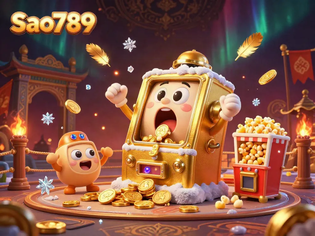 Sao789 brings excitement as a golden slot machine wins a jackpot, surrounded by cheering smaller machines and festive elements.
