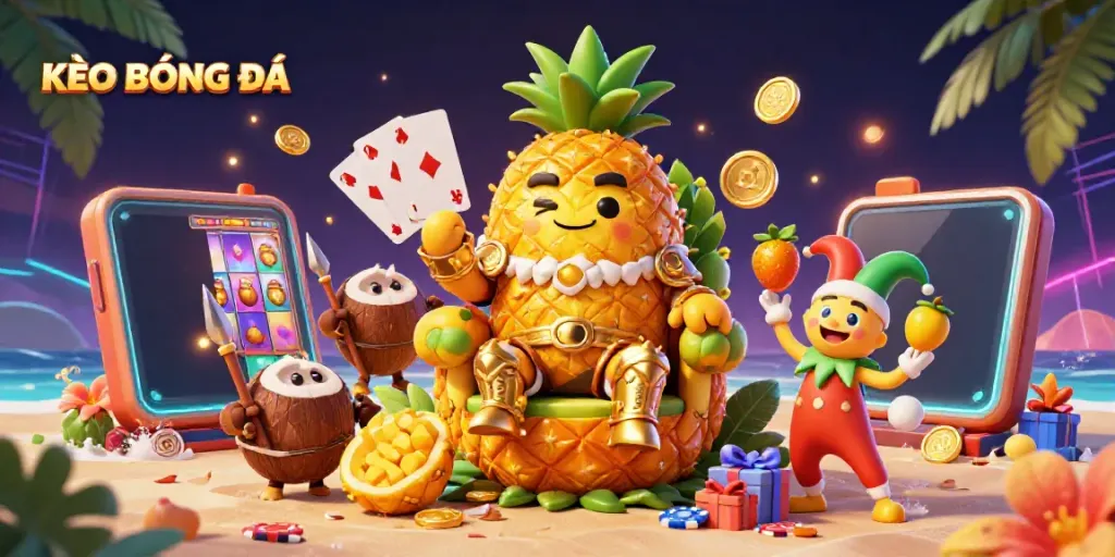 KÈO BÓNG ĐÁ scene showcasing a golden pineapple king at a vibrant casino surrounded by engaging gaming elements.