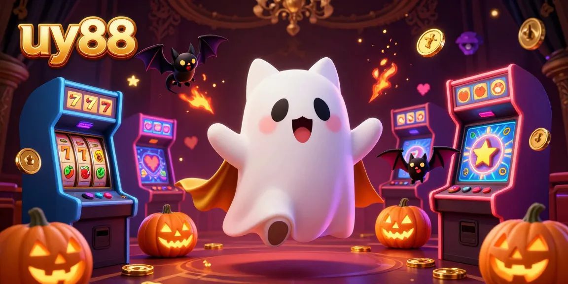 Experience thrilling gameplay at uy88 with a ghost cat and vampire bat in a haunted casino.
