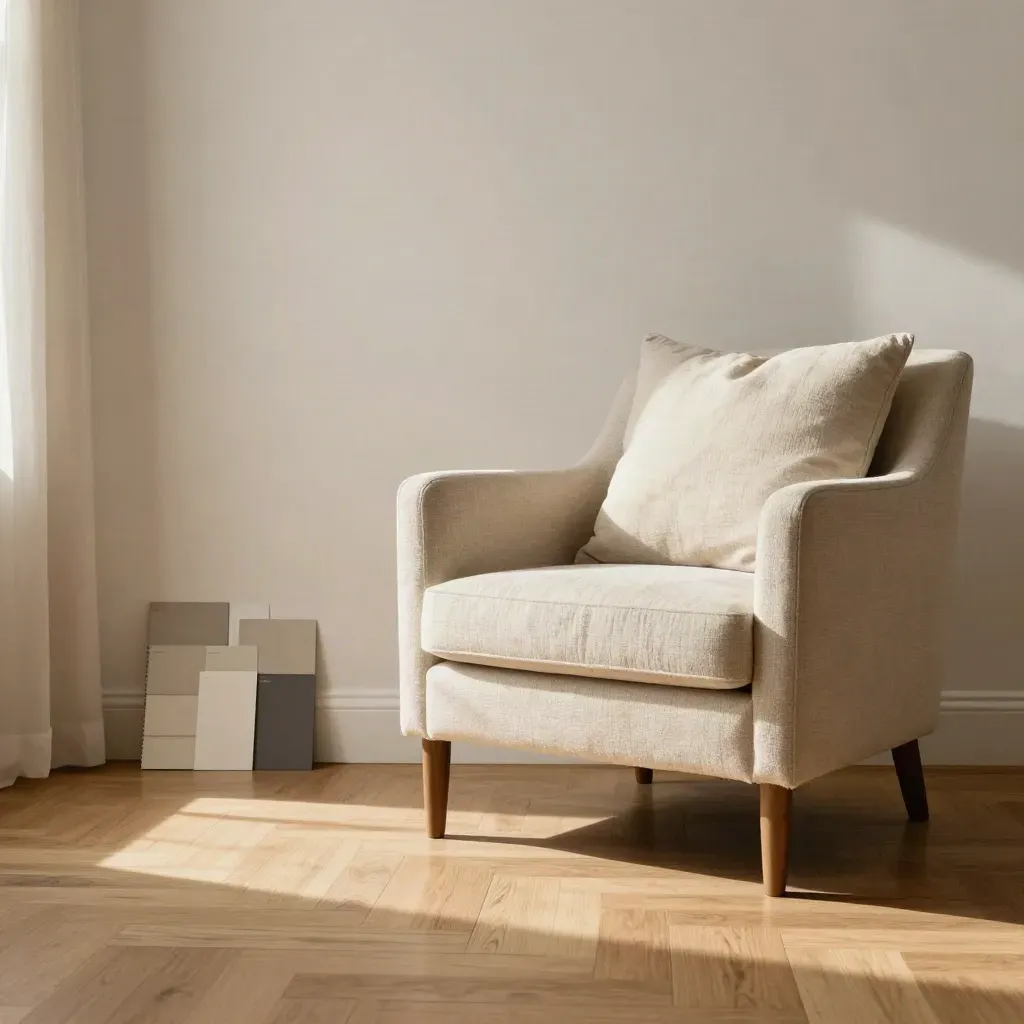 Rustige woonkamerhoek met warmwit kleuradvies, fauteuil, eiken vloer en samplepanelen bij de plint.