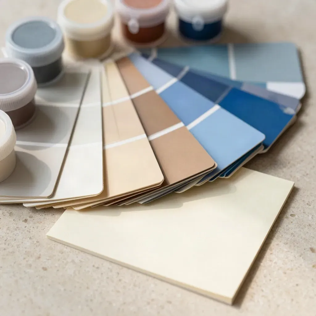 Van bovenaf verfstalen, een waaier, samplepotjes en een licht steentje tafeltje met één blauw accent.