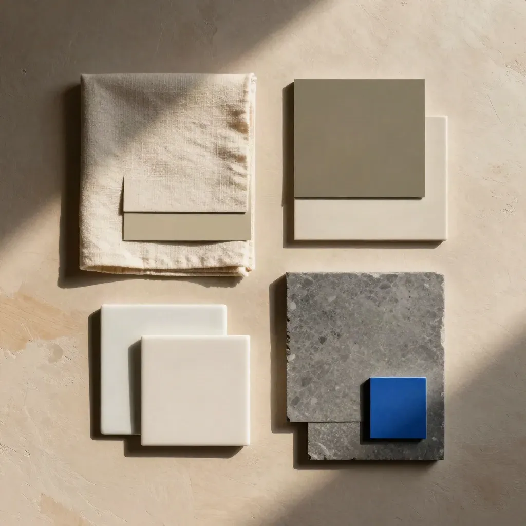 Overhead flatlay van sampleborden met verfchips, textiel, keramiek en steen op een studio-werkblad.