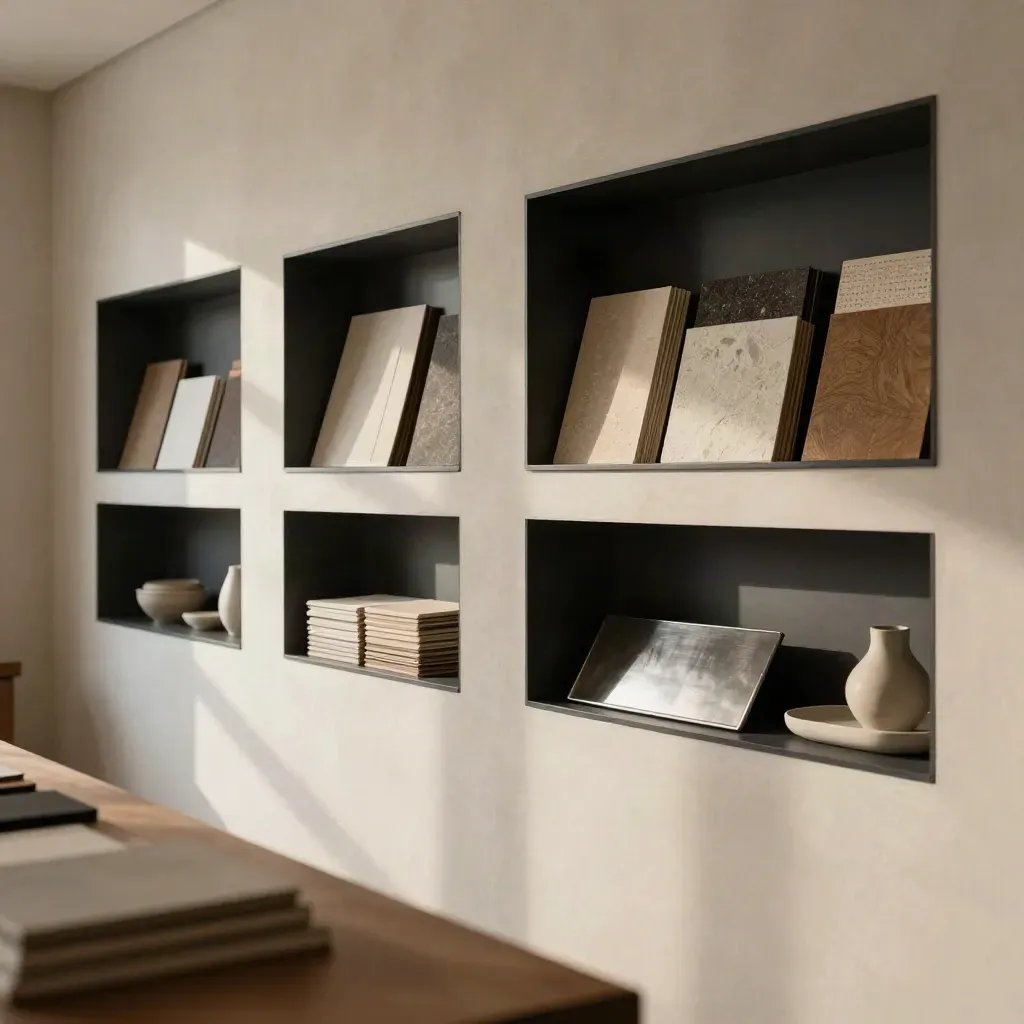 Matte winkelwand met sampleborden en open nissen in rustige neutrale tinten.