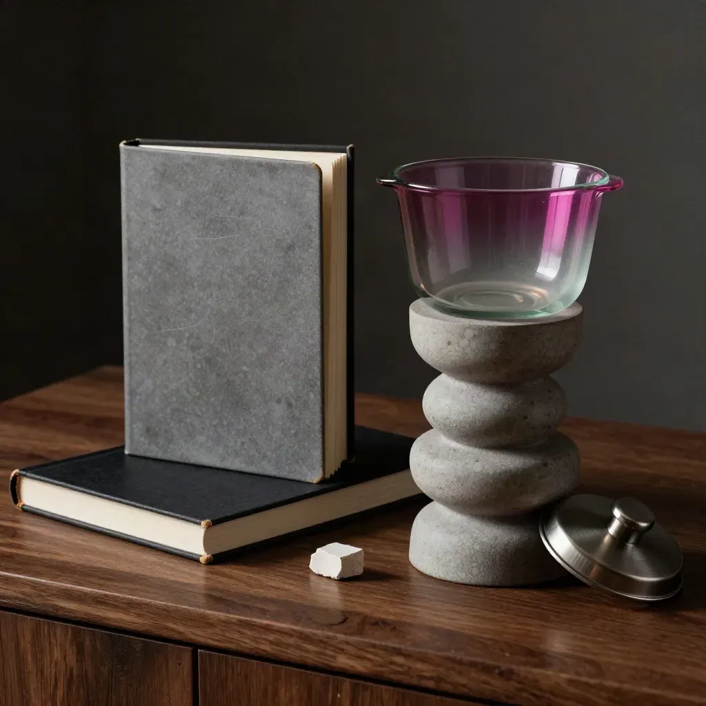Steentegel, sampleboek en glazen pot op donker hout in dramatisch licht