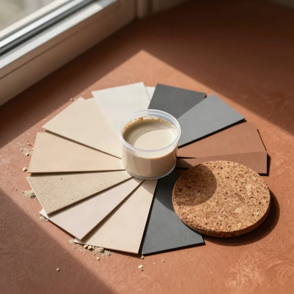Bovenaanzicht van kleurstalen, een mengbeker en kurkpalet op terracotta ondergrond.
