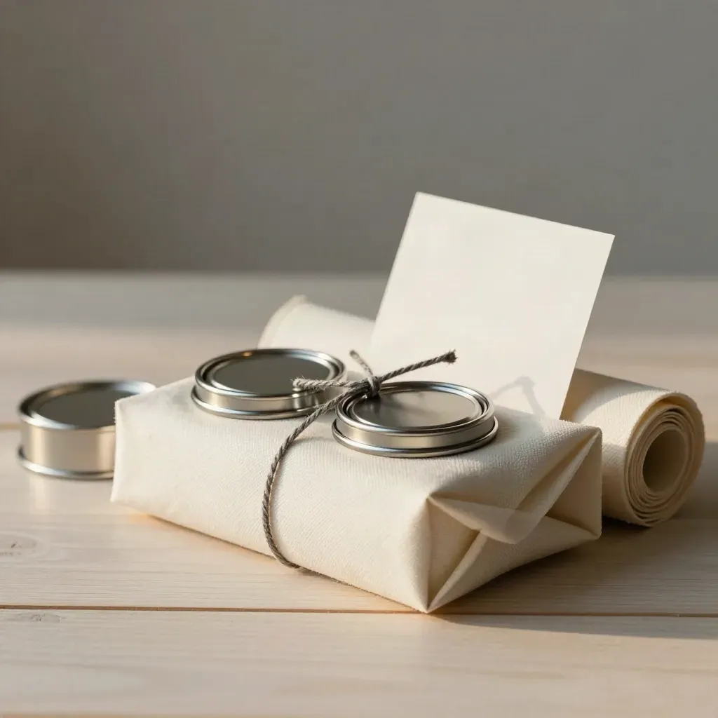 Een samplebundel met verfdoppen en canvaswikkel op een lichte houten tafel, klaar voor overdracht.