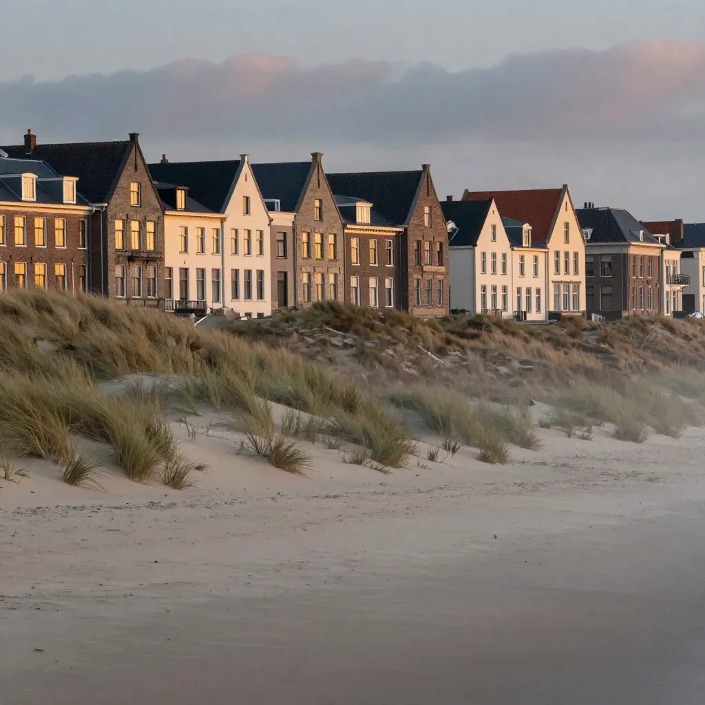 Duinen en Haagse gevels in avondmist, met veel rustige ruimte onderin.