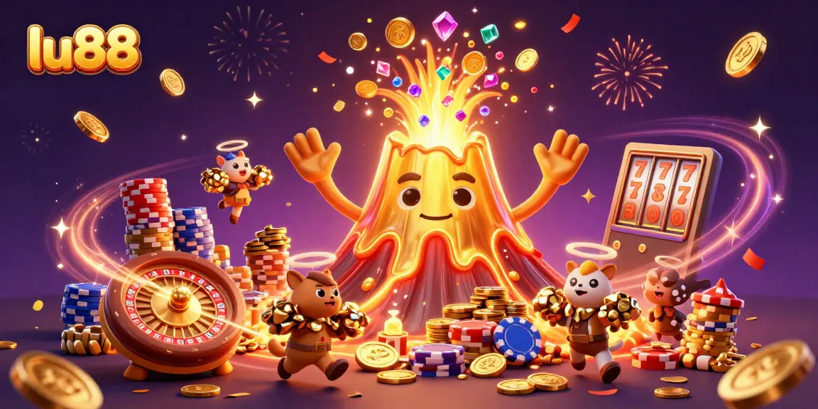 Experience thrilling gameplay with lu88, featuring a victorious volcano and treasure-filled explorer scene.