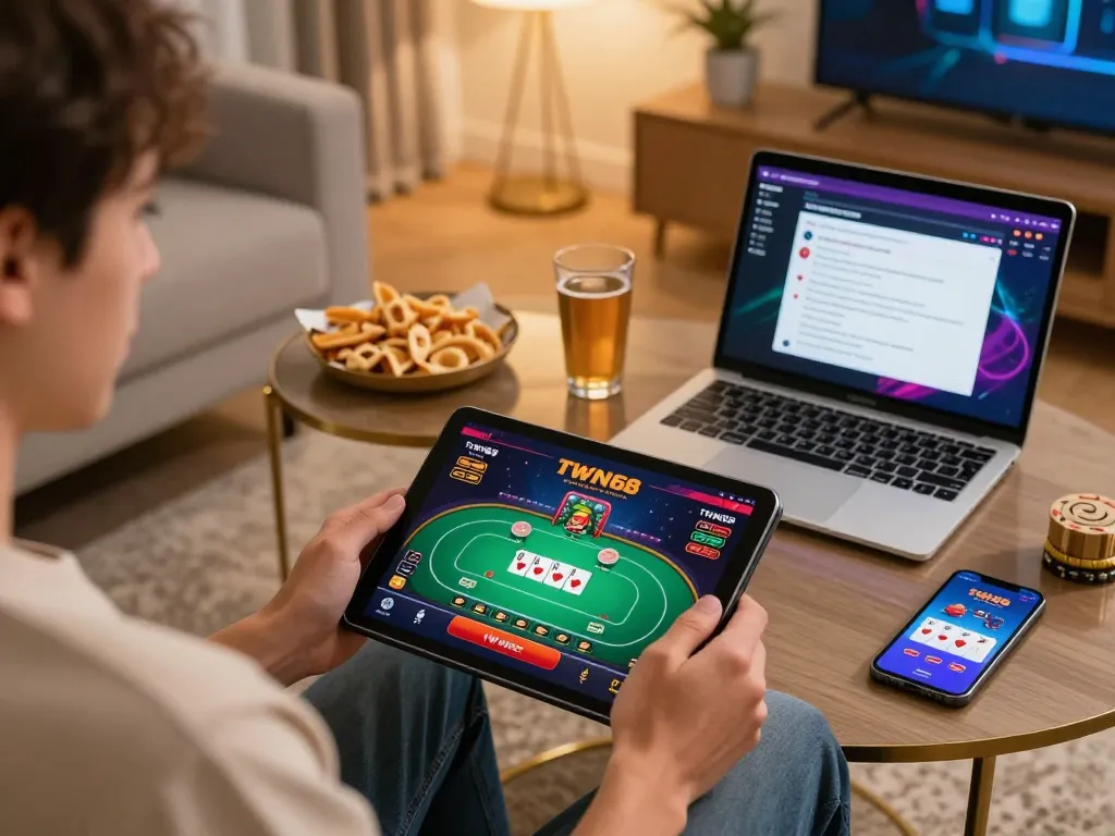 TWIN68 online gaming scene with user engaging on tablet, showcasing vibrant poker interface in cozy home setting.