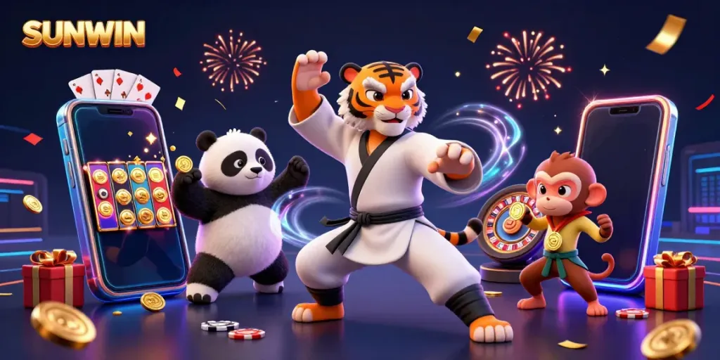 Engage with SUNWIN's thrilling slot games in a vibrant, energetic casino scene.