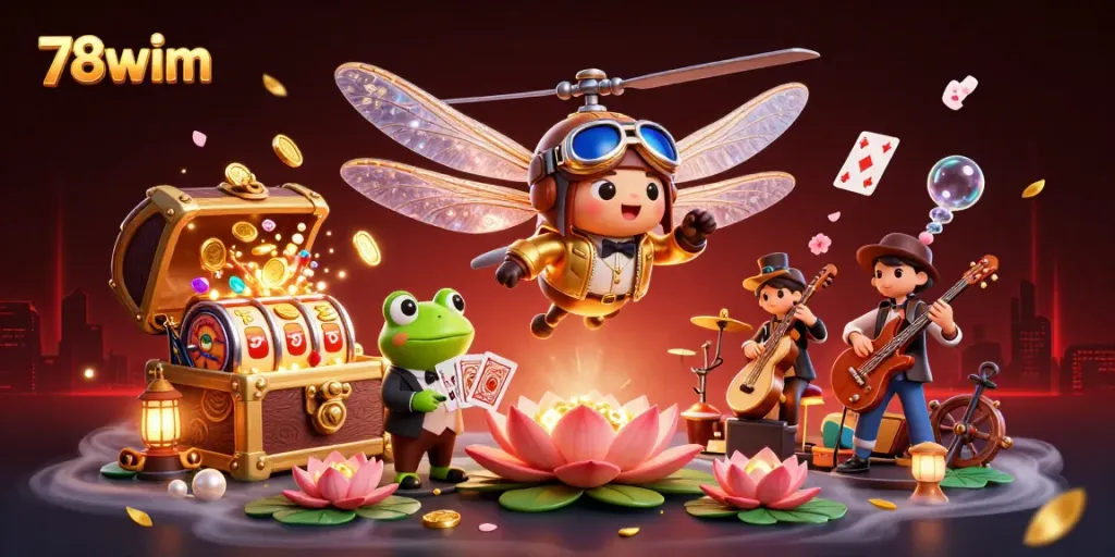 Experience dynamic casino action at 78wim with a colorful dragonfly pilot and froggy croupier amidst rich gambling elements.