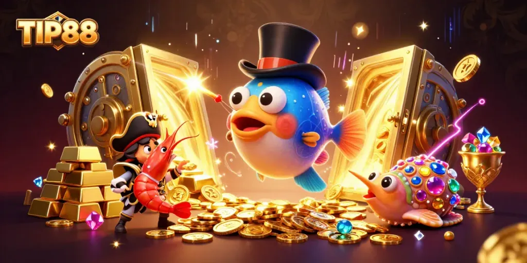 Experience the excitement of TIP88 with vibrant 3D casino characters and treasure in a captivating underwater scene.