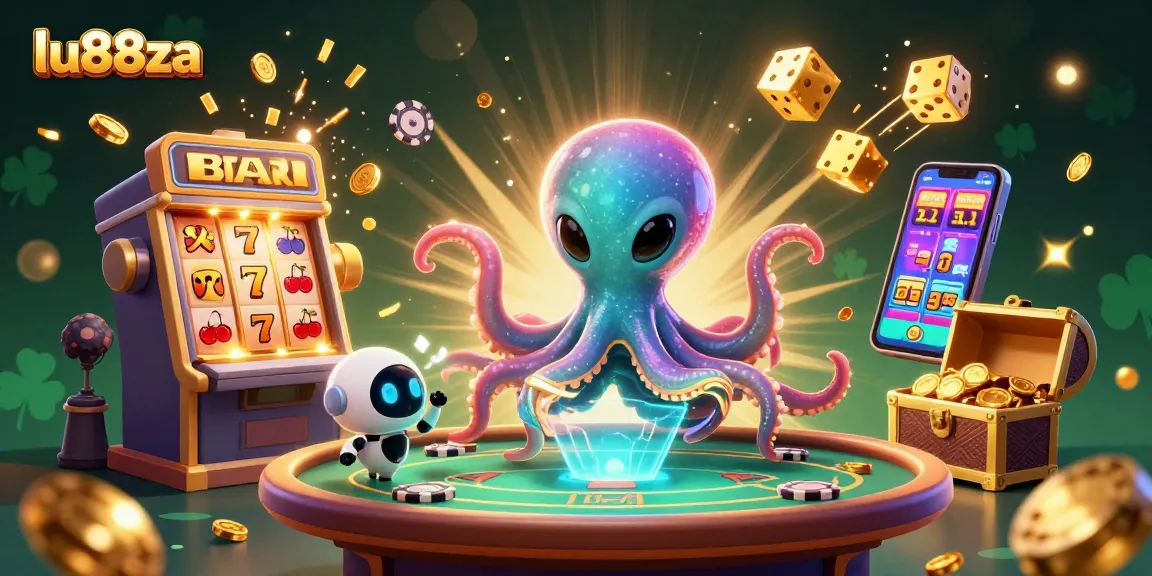 Engage with thrilling games at lu88za as a vibrant octopus manages a poker table amidst a casino explosion.