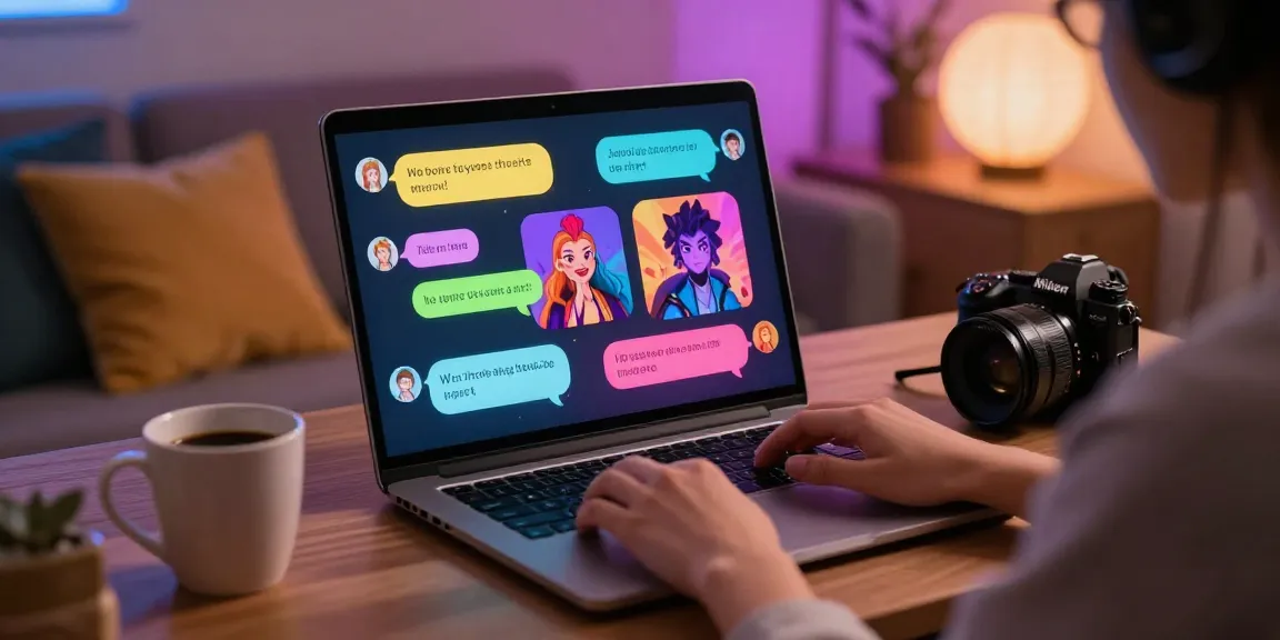 Engaging NSFW character AI interaction on a sleek laptop with colorful chat displays in a cozy atmosphere.