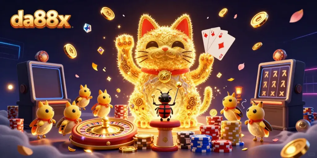 Experience the magic of da88x with a dynamic golden lucky cat and casino elements in a vibrant scene.