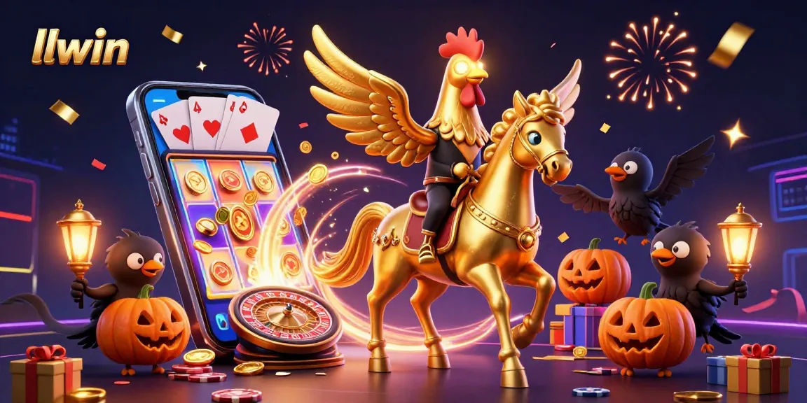 llwin brings excitement to the casino scene with a dynamic golden rooster riding through a vibrant midnight casino.
