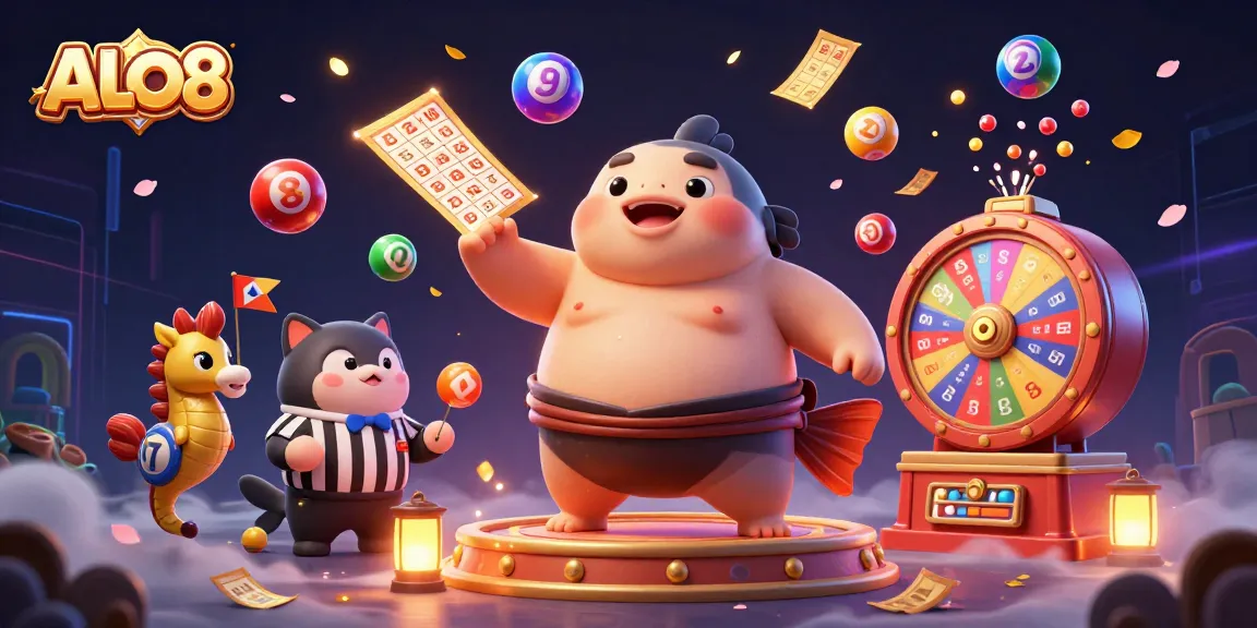 ALO8's fugu fish mascot engaging in lively lottery activities with colorful elements in a dynamic casino-themed scene.