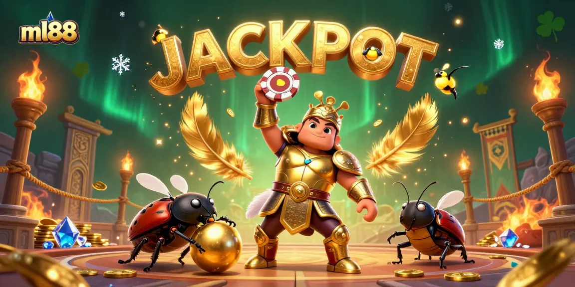 Play and win with ml88 - a vibrant casino scene featuring a heroic beetle and golden tokens.