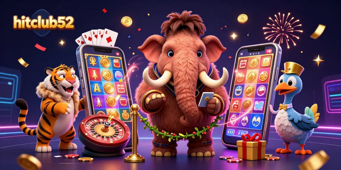Experience excitement at hitclub52 with a vibrant casino scene featuring unique characters and dynamic gaming elements.